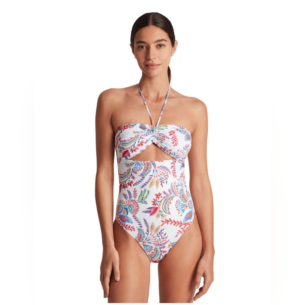 RALPH LAUREN WOMEN'S PRINTED CUT OUT BANDEAU SWIMSUIT SIZE 10 NWT
